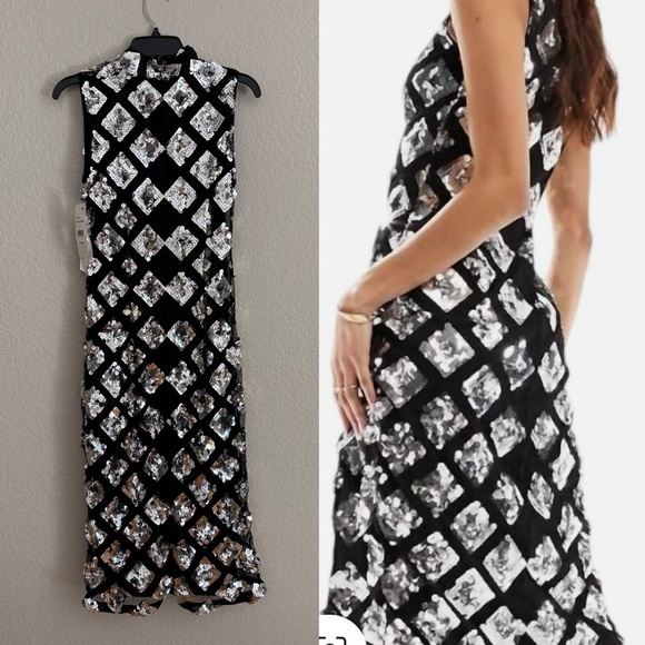 NWT French Connection Axel Embellished Sequin Dress In Black/Silver Midi - Picture 4 of 11
